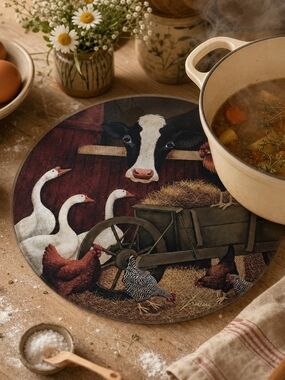 Vintage Farm Scene Glass Trivet with Cow And Goose – Country Kitchen Decor